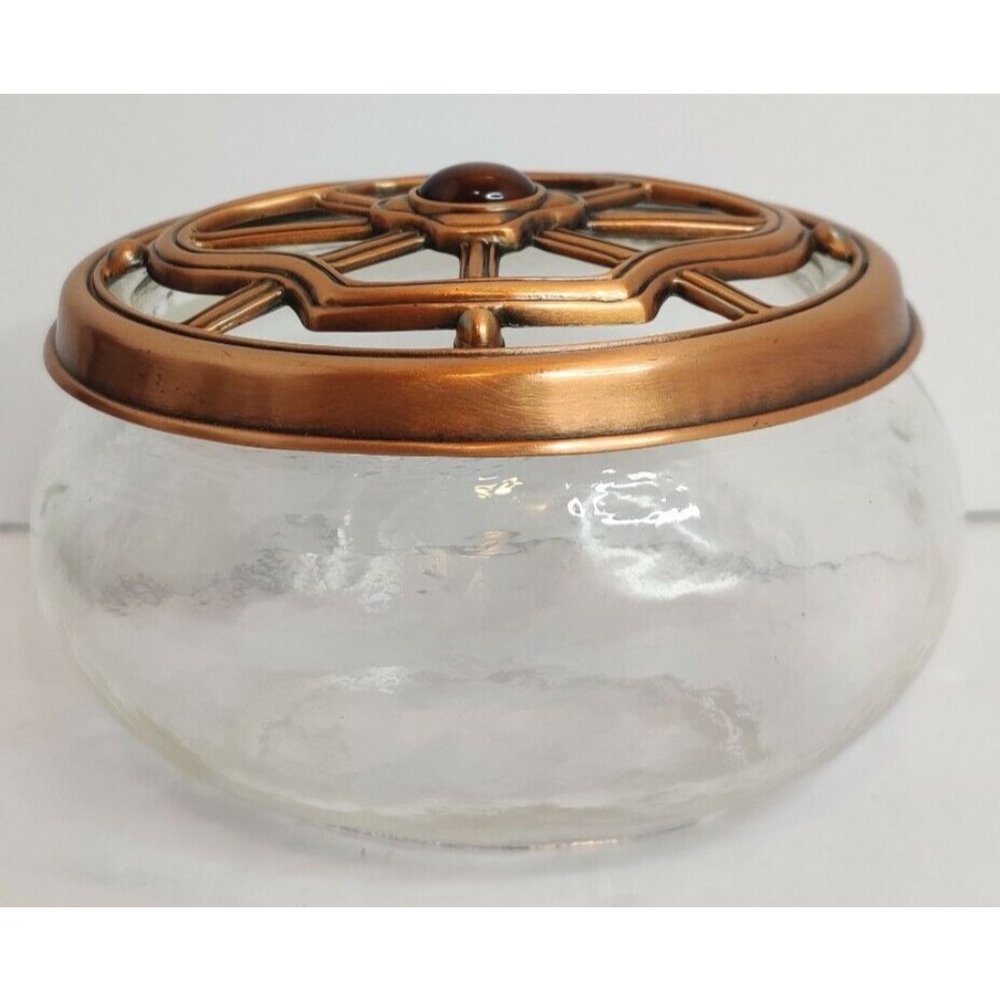 Vintage Potpourri Clear Glass Dish Bowl 4x3x2" With Cabochon Molded Plated Lid